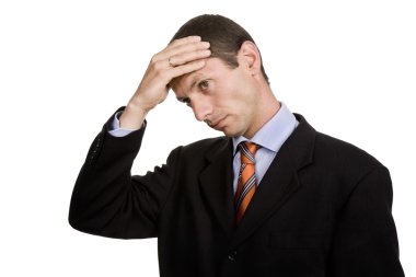 Businessman in a suit gestures with a headache clipart