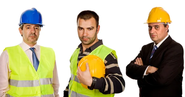 Três Trabalhadores Isolados Fundo Branco — Fotografia de Stock