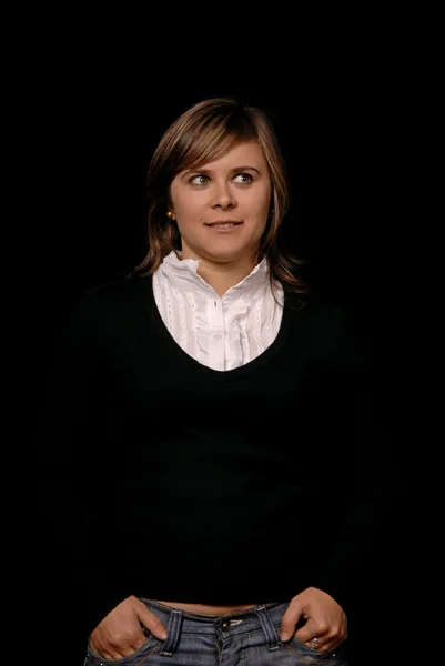 Ung Kvinde Portræt Isoleret Sort Baggrund - Stock-foto