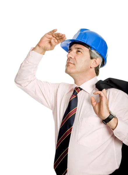 Bir Mühendis Beyaz Izole Mavi Şapka Ile — Stok fotoğraf