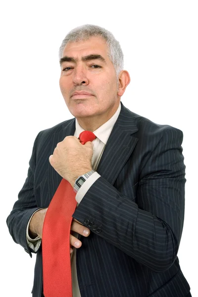 Człowiek Biznesu Dostosowując Jego Krawat Białym Tle — Zdjęcie stockowe
