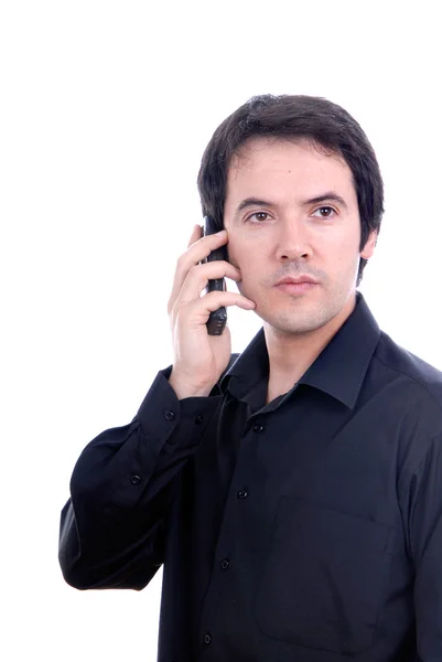 Genç Casual Adam Telefonda Üzerinde Beyaz Izole — Stok fotoğraf