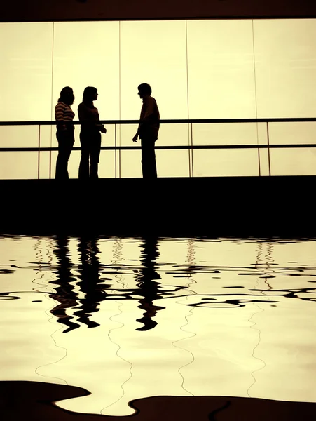水の反射を有する建築物における話しているグループ — ストック写真