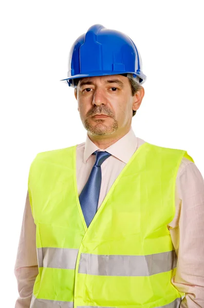 青い帽子 白で隔離されるエンジニア — ストック写真