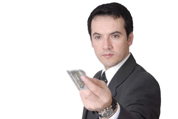 Atraente Jovem Homem Negócios Sobre Branco Foco Dinheiro — Fotografia de Stock