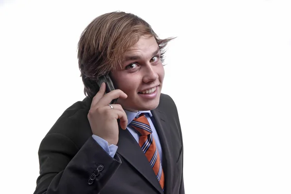 Jonge Man Telefoon Witte Achtergrond — Stockfoto