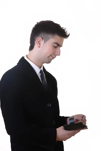 Ung Man Med Handdator Vit Bakgrund — Stockfoto