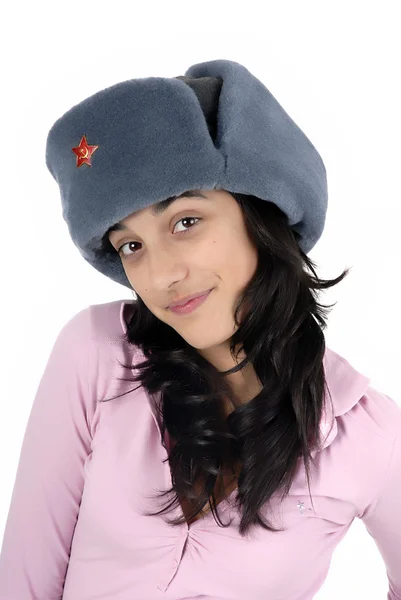 Chica Joven Con Retrato Sombrero Ruso —  Fotos de Stock