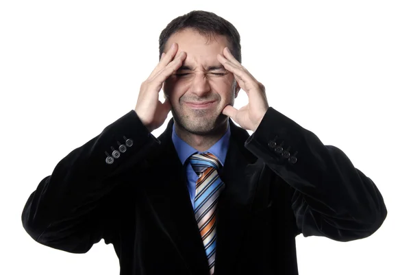 Geschäftsmann Anzug Gestikuliert Mit Kopfschmerzen — Stockfoto