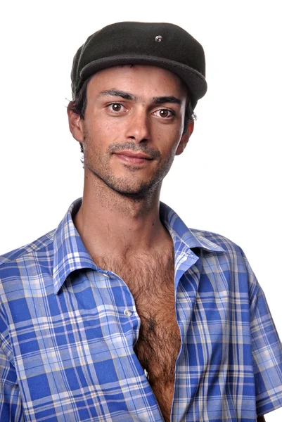 Retrato Hombre Casual Con Sombrero Fondo Blanco —  Fotos de Stock