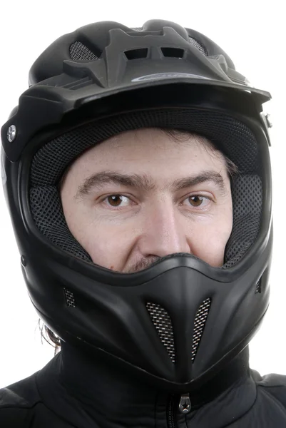 黒オートバイ ヘルメットと若い男 — ストック写真