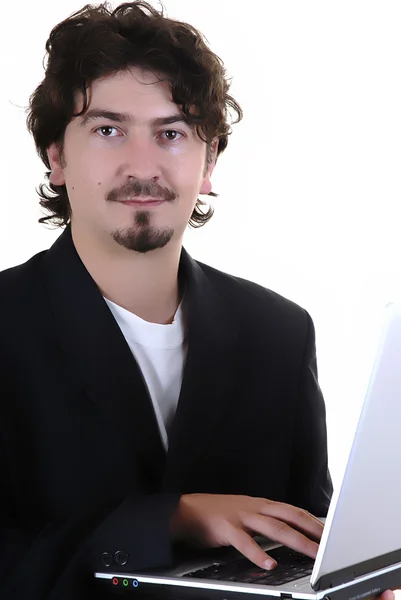 パーソナル コンピューターを持つ若いビジネス男の肖像画 — ストック写真