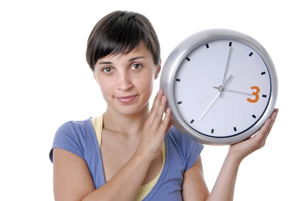Caucasian Young Woman Holding Big Clock — Stock Photo, Image