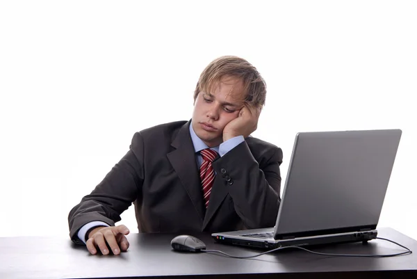 Young Bored Business Man Working Laptop — Φωτογραφία Αρχείου