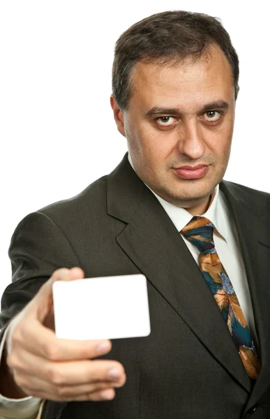 Jovem Homem Negócios Com Cartão Foco Rosto — Fotografia de Stock