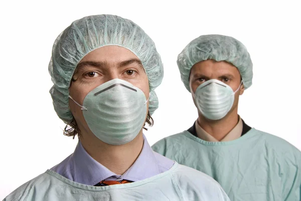 Zwei Männliche Junge Ärzte Einen Überweißen Hintergrund — Stockfoto