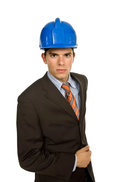 Een Ingenieur Met Blauwe Veiligheidshelm Geïsoleerd Wit — Stockfoto