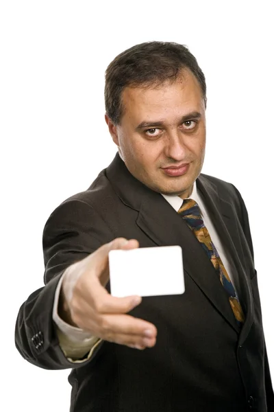 Jovem Homem Negócios Com Cartão Foco Rosto — Fotografia de Stock