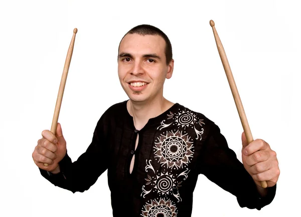 Jonge Drummer Man Portret Poseren Geïsoleerd Wit — Stockfoto
