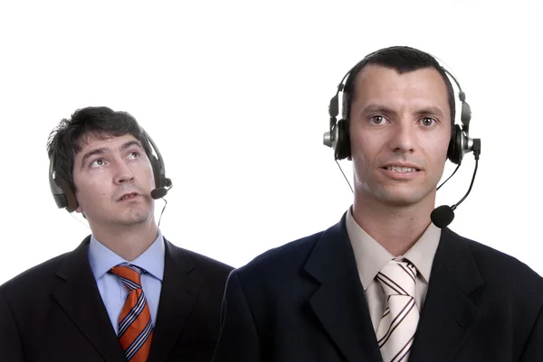 Två Unga Call Center Män Talar Telefonen — Stockfoto