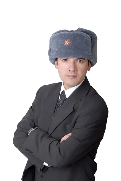 与俄罗斯的帽子的年轻商业男人肖像 — 图库照片