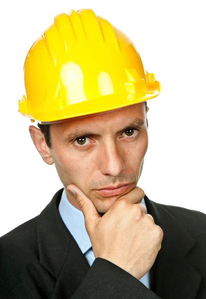 Ein Ingenieur Mit Gelbem Hut Isoliert Auf Weiß — Stockfoto