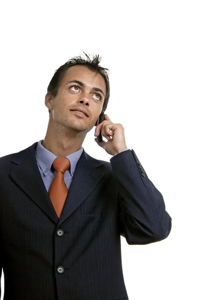 ホワイト バック グラウンドで携帯電話上のビジネスの男性 — ストック写真