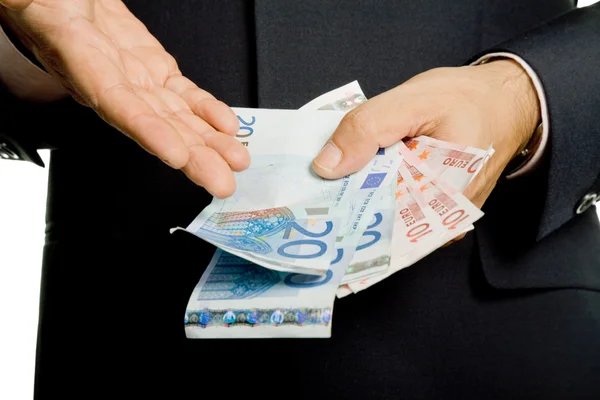 Detalhe Homem Mãos Com Dinheiro Notas Euro — Fotografia de Stock