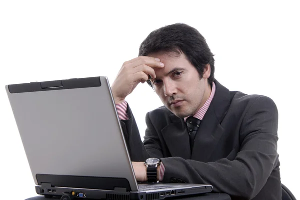 Young Bored Man Working Laptop Royalty Free Stock Images