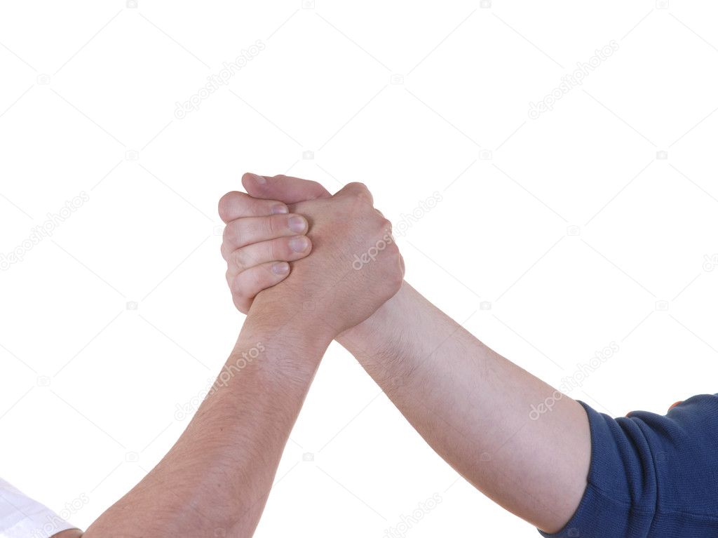 partner men handshake detail on white background