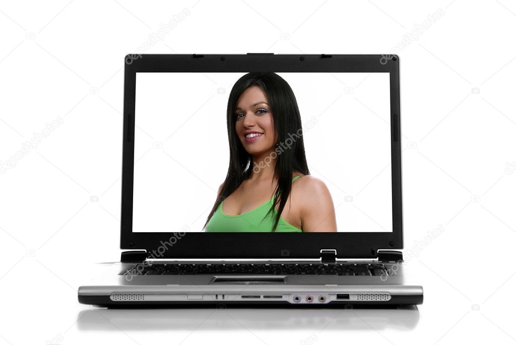 Laptop isolated on white with a beautiful woman