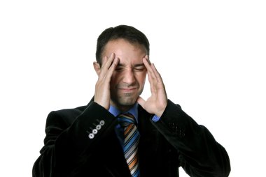 Businessman in a suit gestures with a headache clipart