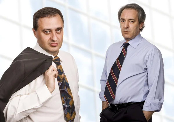 Two Business Men Portrait Standing Front Modern Building — Stock Photo, Image