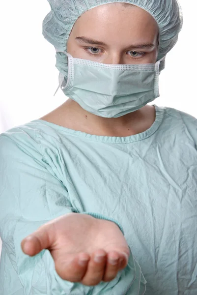 Young Nurse Offering Hand Focus Face — Stock Photo, Image