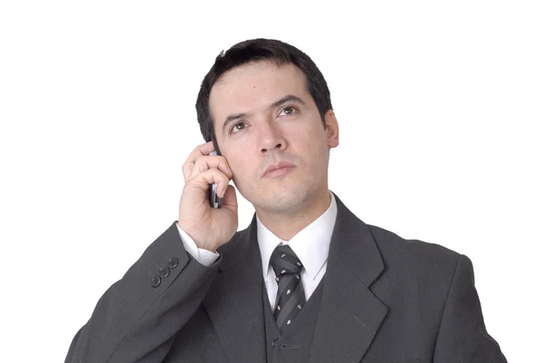 Junger Mann Telefon Vor Weißem Hintergrund — Stockfoto