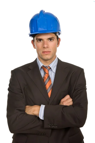Een Ingenieur Met Blauwe Veiligheidshelm Geïsoleerd Wit — Stockfoto