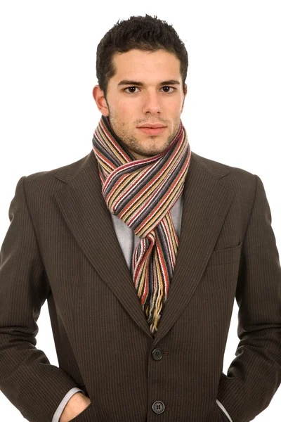 Portrét Mladý Muž Oblečený Zimu Bílém — Stock fotografie