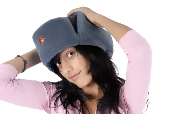Chica Joven Con Retrato Sombrero Ruso — Foto de Stock