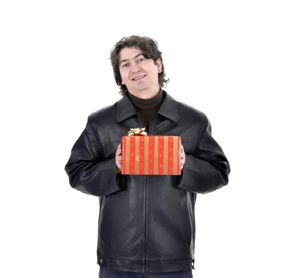 Jeune Homme Tenant Une Boîte Cadeau Isolé Sur Blanc Avec — Photo