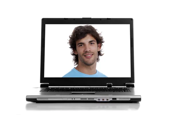 Personal Computer Met Een Man Geïsoleerd Witte Achtergrond — Stockfoto