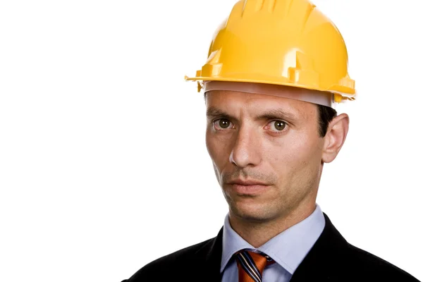 Ingenjör Med Gul Hatt Isolerad Vit — Stockfoto