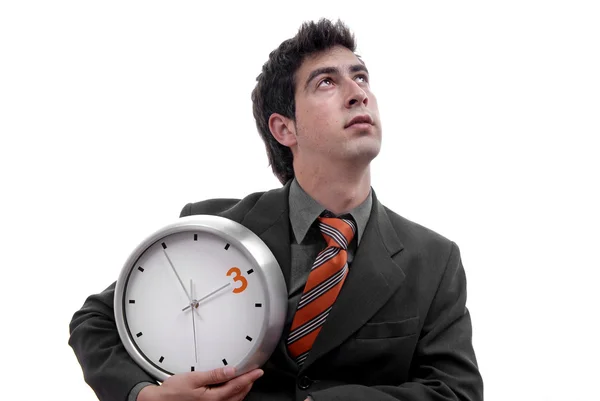 白い背景の時計を持つビジネスマン — ストック写真