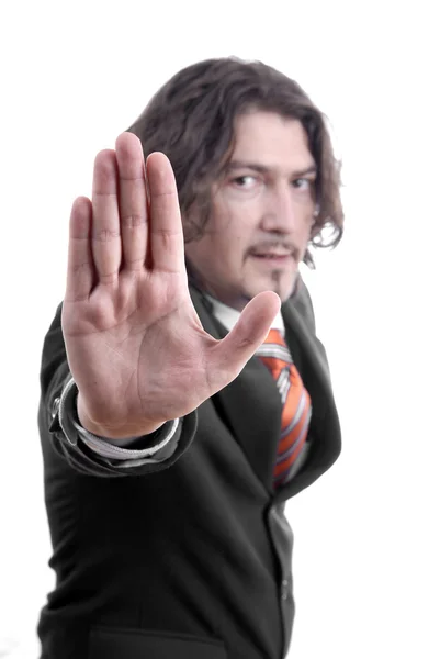 stock image Business man making stop. Focus on the hand