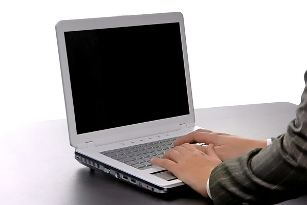 Mãos Mulher Trabalhando Com Computador Isolado Branco — Fotografia de Stock