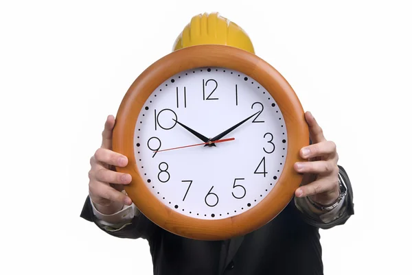 Caucasian Man Wearing Suit Holding Clock Head — Stock Photo, Image