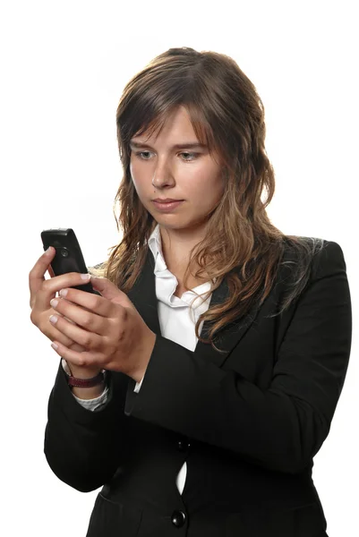 Молодая Деловая Женщина Телефону Изолированы Белом — стоковое фото