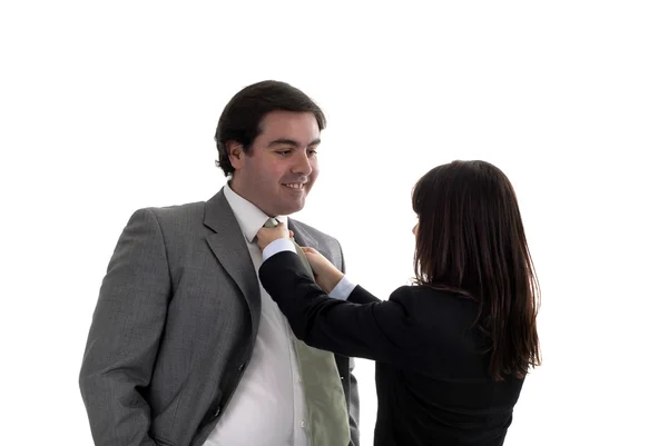 Hombre Mujer Ajustando Corbata Aislados Blanco —  Fotos de Stock