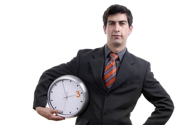 白い背景の時計を持つビジネスマン — ストック写真