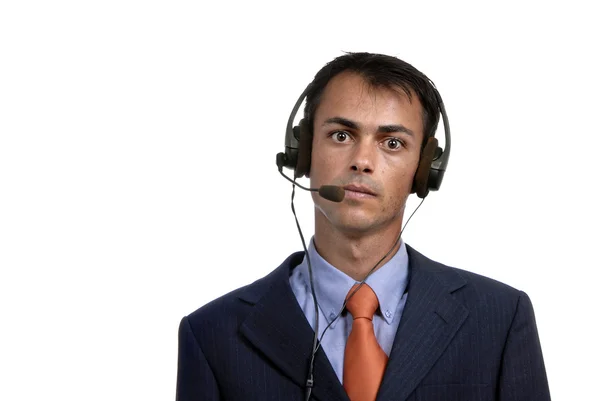Jovem Call Center Homem Falando Pelo Telefone — Fotografia de Stock