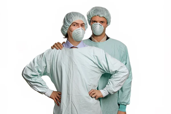 Zwei Männliche Junge Ärzte Einen Überweißen Hintergrund — Stockfoto
